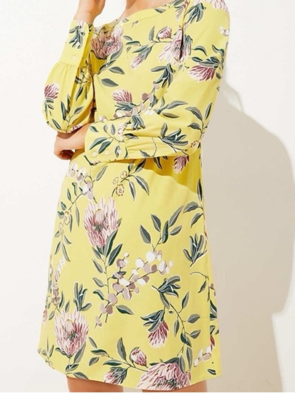 Floral Long-Sleeve Shift Dress - Yellow